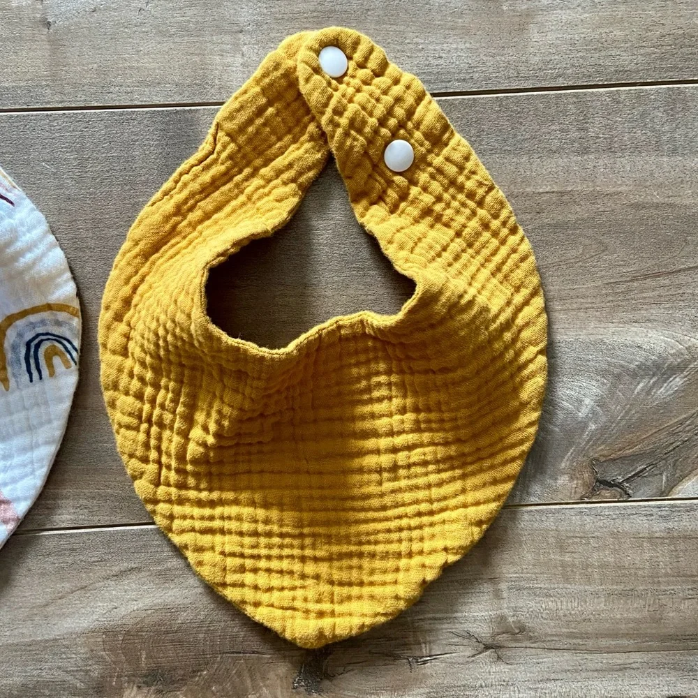 Set of 2 Double Gauze Bandana Bibs in Mustard and Neutral Rainbow Print
